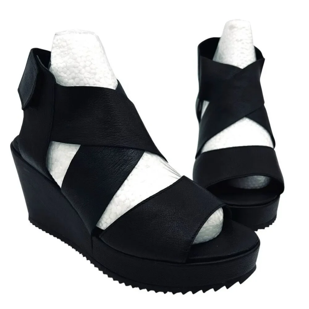Eileen Fisher Women's Whimsy Leather Wedge Heel Platform Sandals Black Size 6